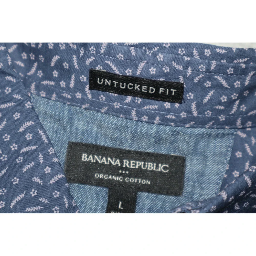 Banana Republic Dress Shirt Mens Large Blue Floral Untucked Fit Organic Cotton